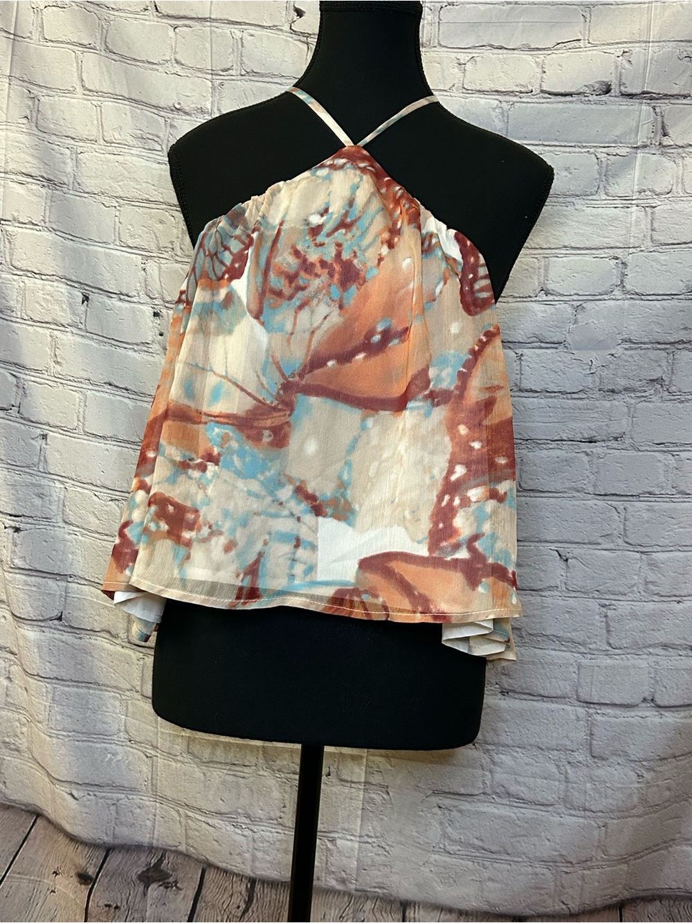 Forever 21 Cream Halter Cami with Rust & Light Blue Abstract Print